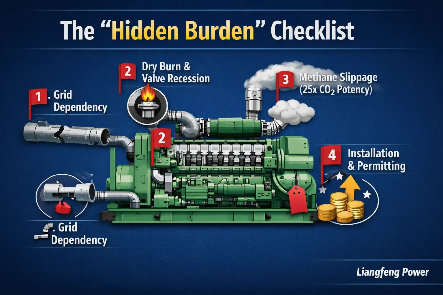 Horizontal infographic by Liangfeng Power showing a natural gas generator with red flag checklist highlighting grid dependency, dry burn and valve recession, methane slippage (25x CO2 potency), and installation and permitting costs.