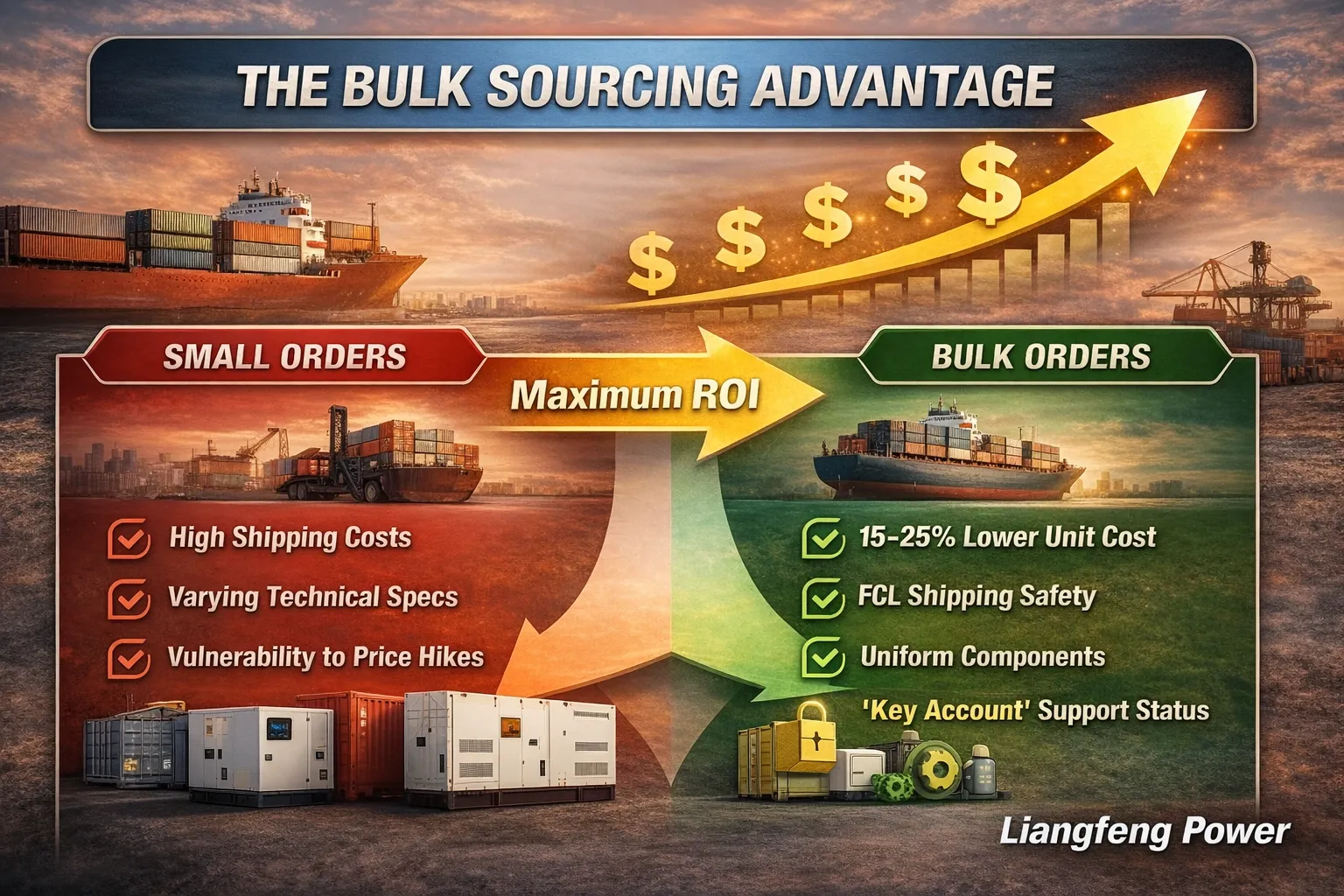 Bulk generator sourcing infographic comparing small orders vs bulk orders, highlighting lower unit cost, FCL shipping safety, uniform components, and maximum ROI, with Liangfeng Power.